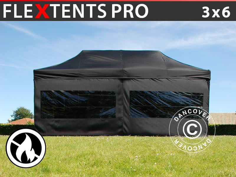Pop up gazebo FleXtents PRO 3x6 m Black, Flame retardant, incl. 6 sidewalls