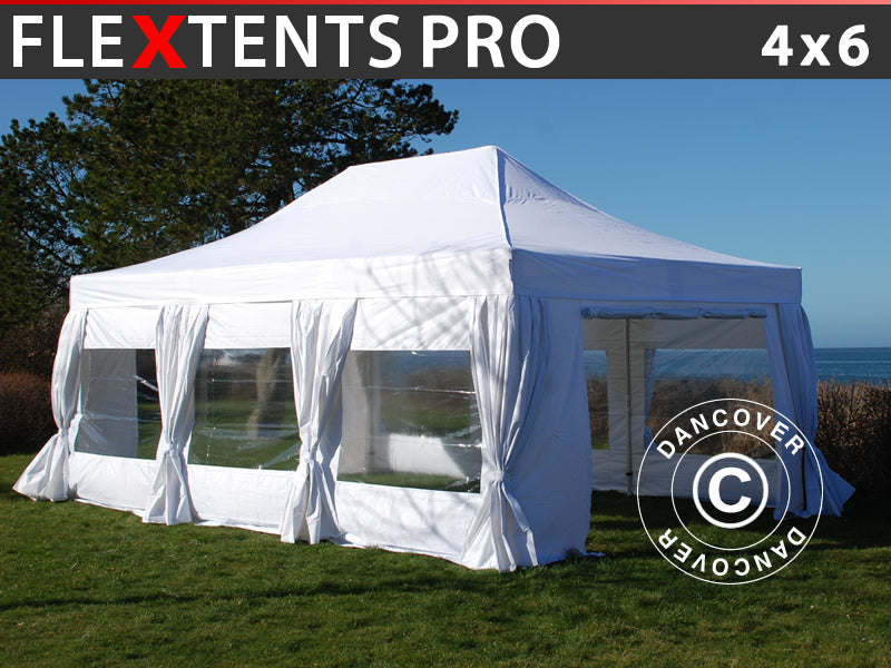 Pop up gazebo FleXtents PRO 4x6 m White, incl. 8 sidewalls & decorative curtains