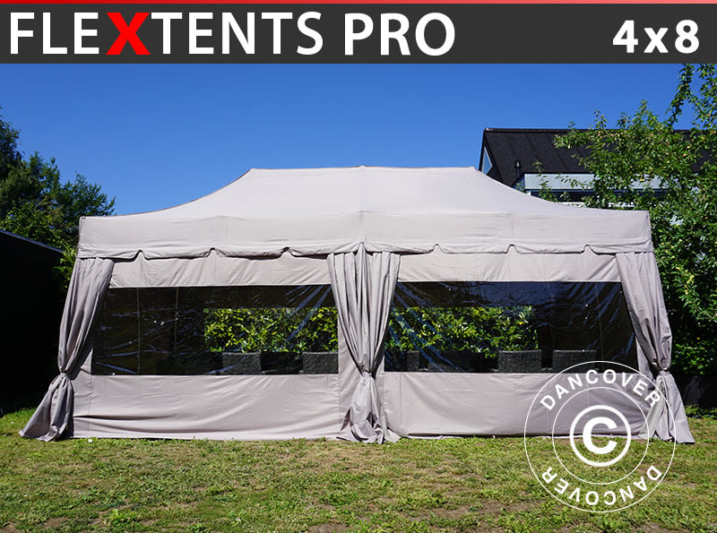 Pop up gazebo FleXtents PRO "Peaked" 4x8 m Latte, incl. 6 sidewalls and 6 decorative curtains