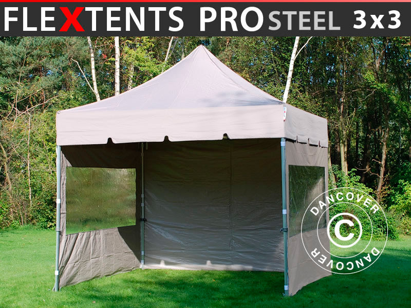Pop up gazebo FleXtents PRO Steel "Peaked" 3x3 m Latte, incl. 4 sidewalls