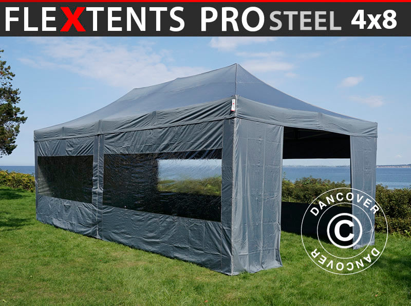 Pop up gazebo FleXtents PRO Steel 4x8 m Grey, incl. 6 sidewalls