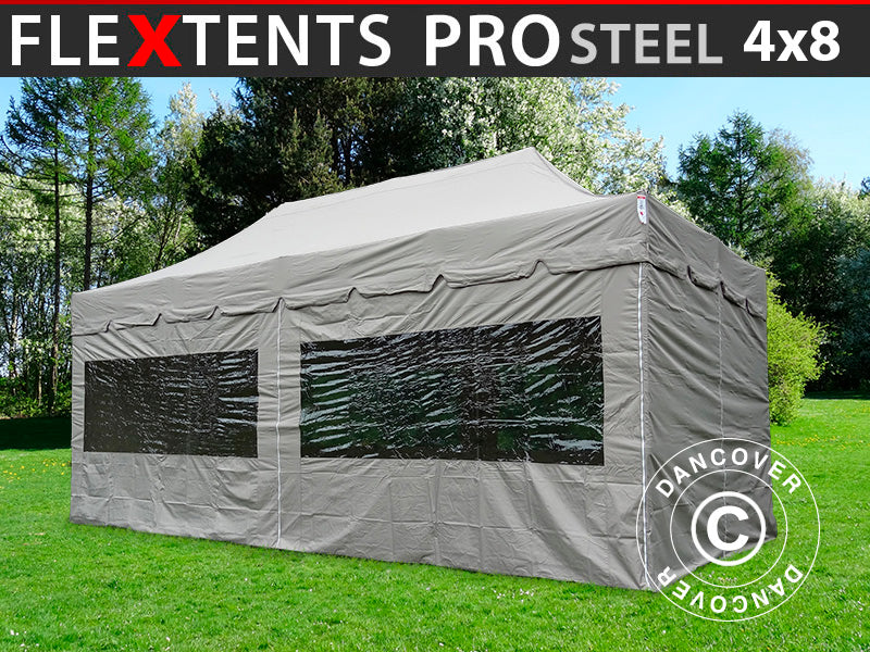 Pop up gazebo FleXtents PRO Steel "Peaked" 4x8 m Latte, incl. 6 sidewalls