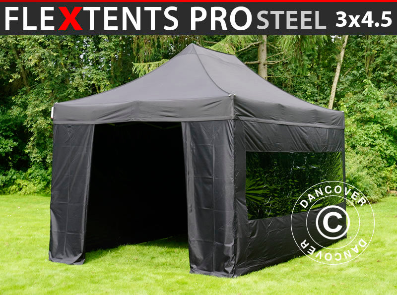 Pop up gazebo FleXtents PRO Steel 3x4.5 m, Black, incl. 4 sidewalls