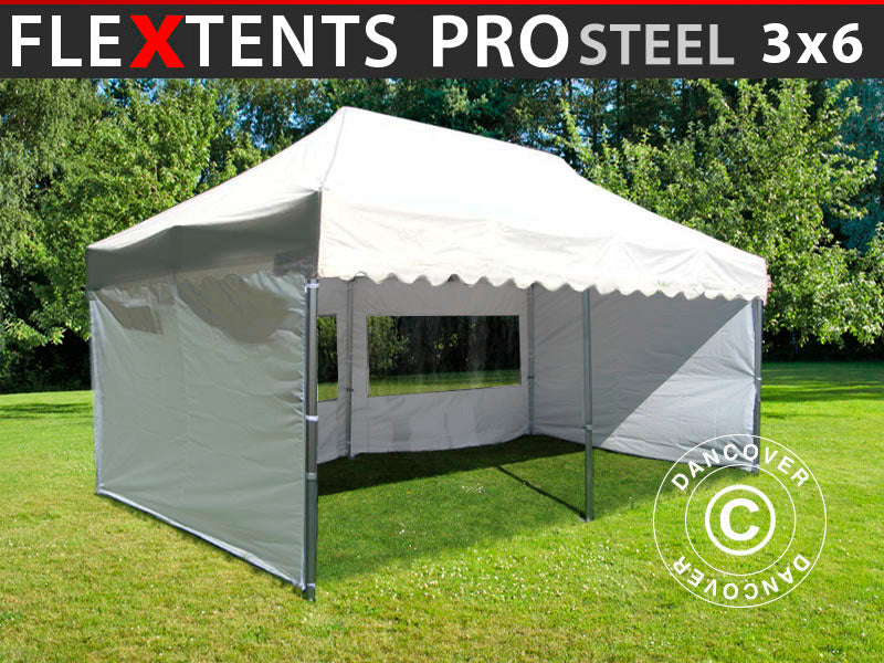 Pop up gazebo FleXtents PRO Steel "Wave" 3x6 m White, incl. 6 sidewalls