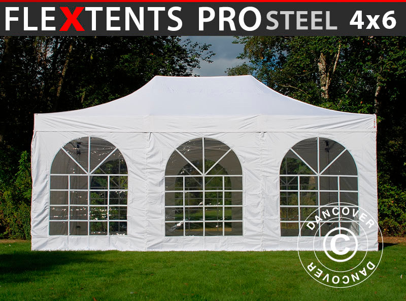 Pop up gazebo FleXtents PRO Steel Vintage Style 4x6 m White, incl. 8 sidewalls