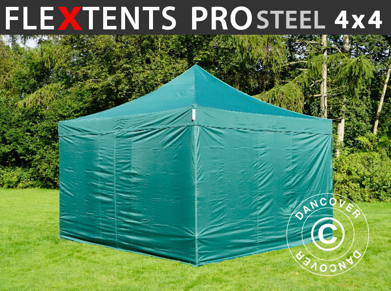 Pop up gazebo FleXtents PRO Steel 4x4 m Green, incl. 4 sidewalls