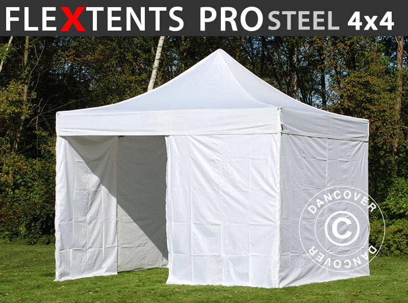 Pop up gazebo FleXtents PRO Steel 4x4 m White, incl. 4 sidewalls