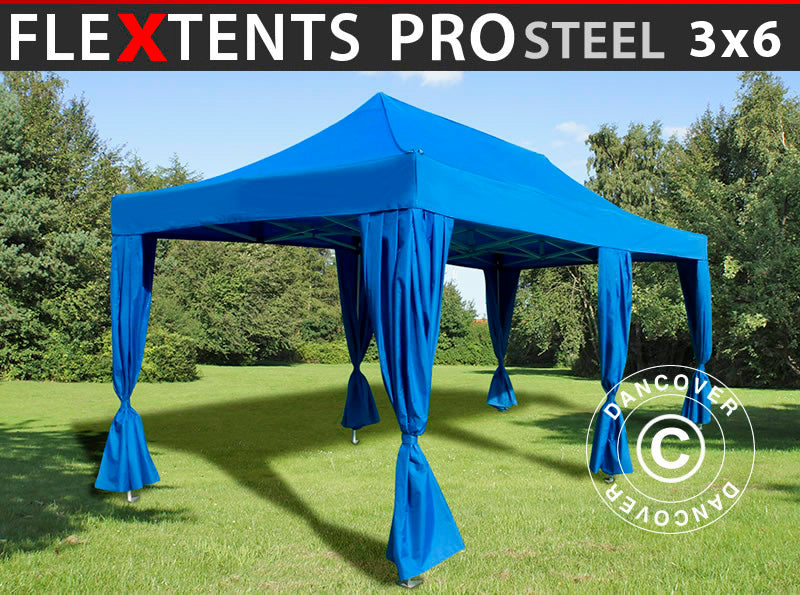 Pop up gazebo FleXtents PRO Steel 3x6 m Blue, incl. 6 decorative curtains