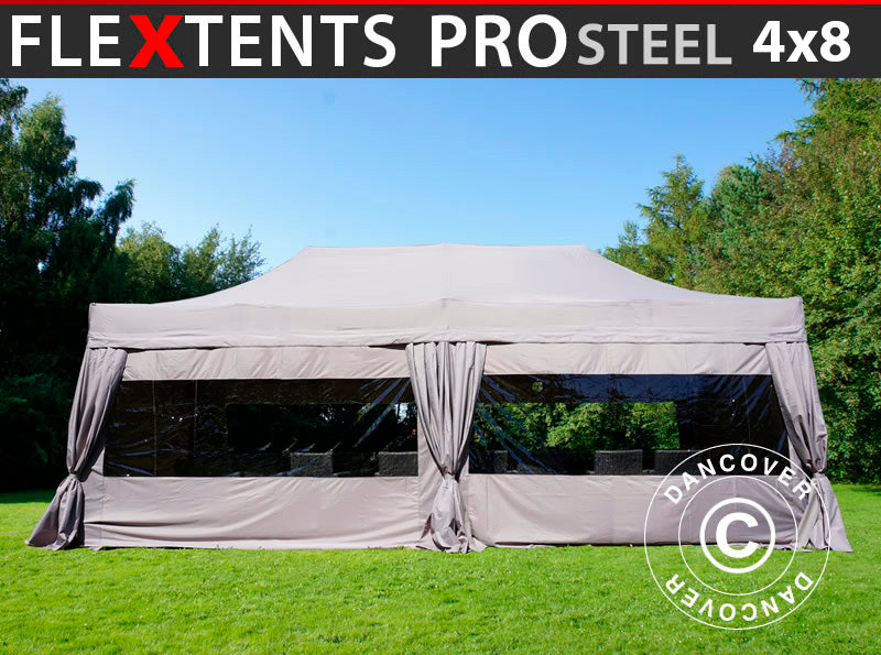 Pop up gazebo FleXtents PRO Steel 4x8 m Latte, incl. 6 sidewalls & decorative curtains