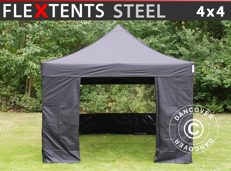 Pop up gazebo FleXtents Steel 4x4 m Black, incl. 4 sidewalls