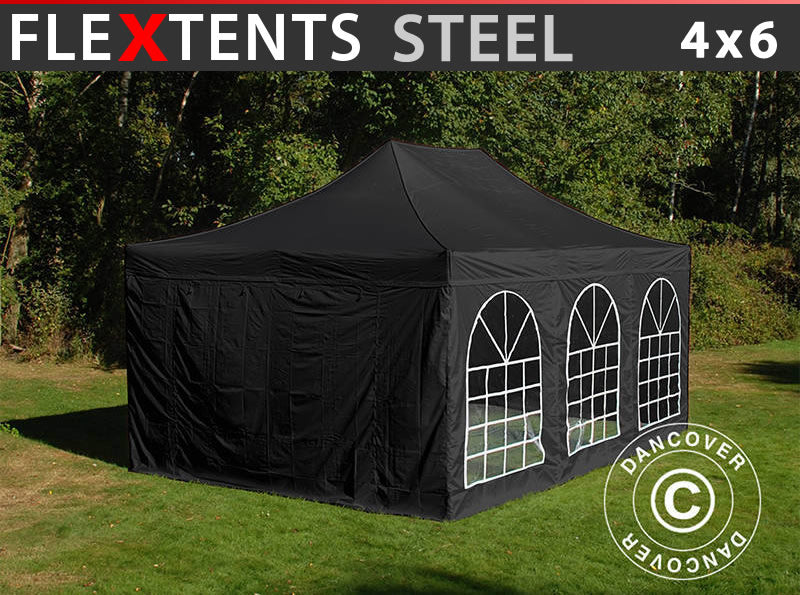Pop up gazebo FleXtents Steel 4x6 m Black, incl. 4 sidewalls