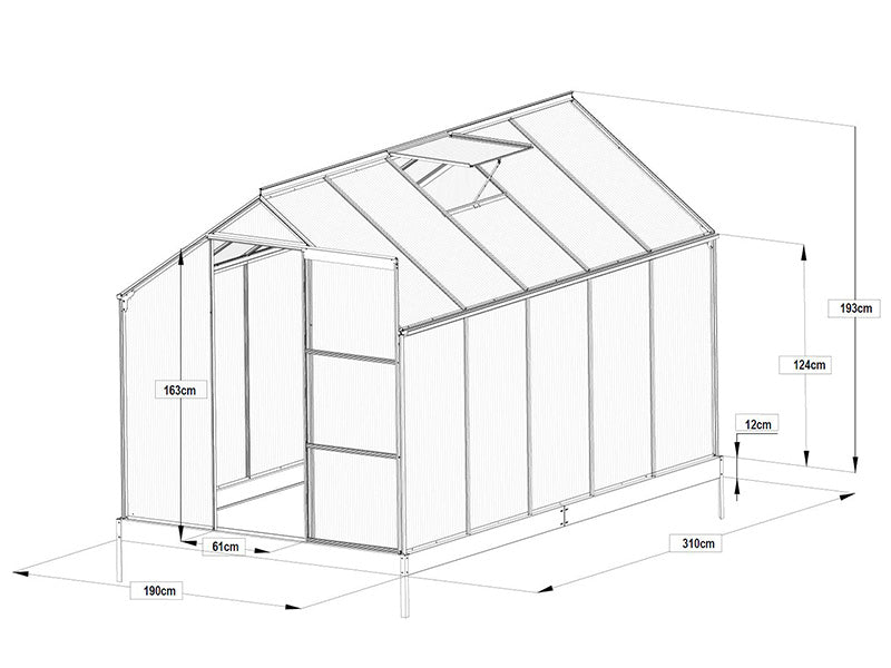 Greenhouse Polycarbonate 5.89 m², 1.9x3.1x2.05 m w/base, Black