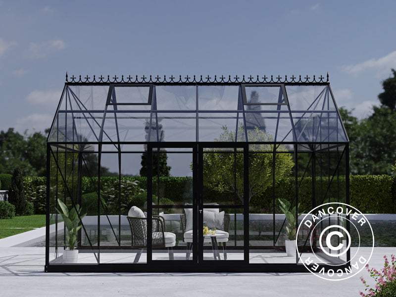 Orangery, greenhouse glass 13.3 m², 4.45x2.99x2.95 m w/Base and cresting, Black