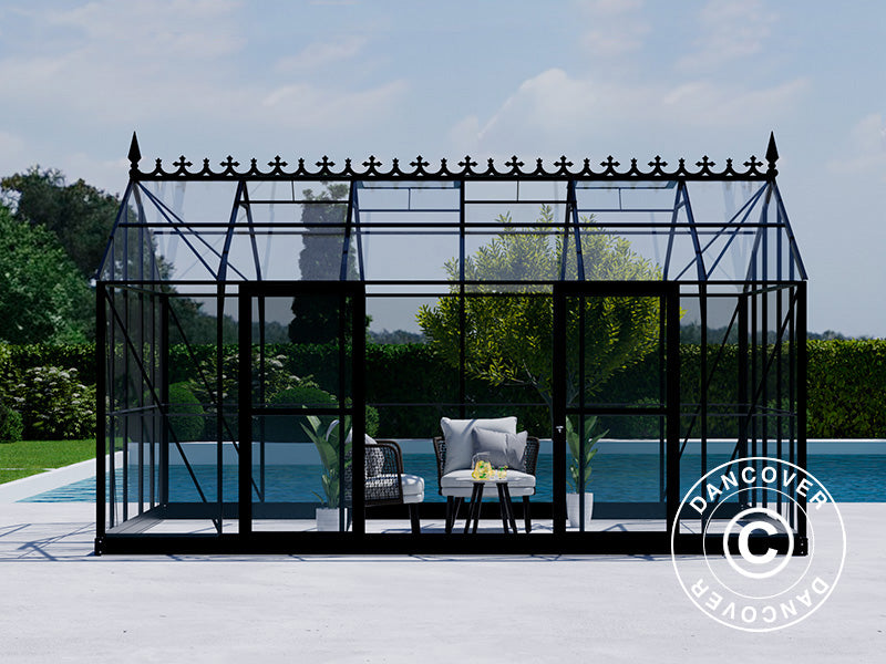 Orangery, greenhouse Glass 16.5 m², 4.45x3.71x3.16 m w/base and cresting, Black