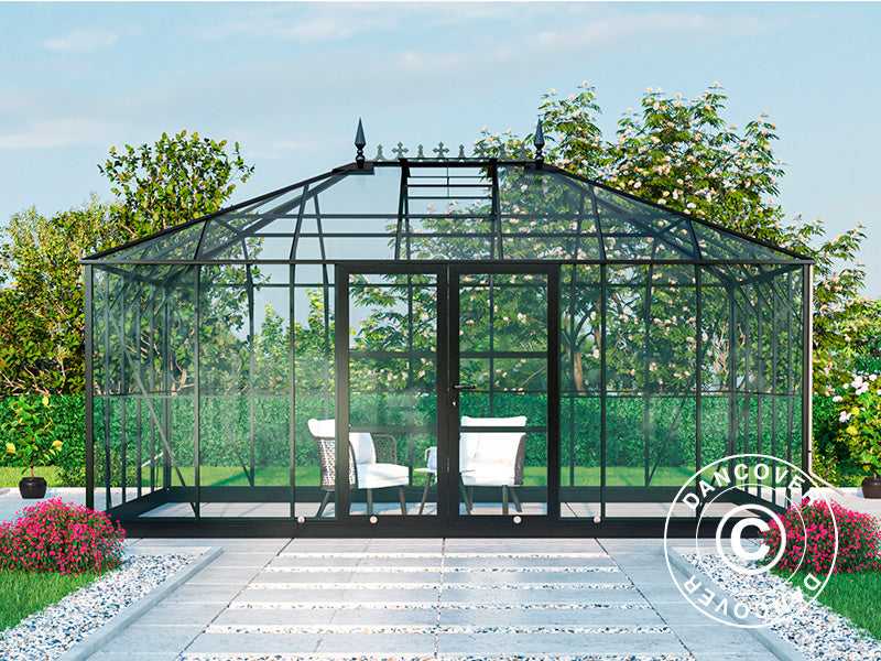 Orangery, greenhouse Glass 19 m², 5.14x3.71x3.15 m w/Base and cresting, Black