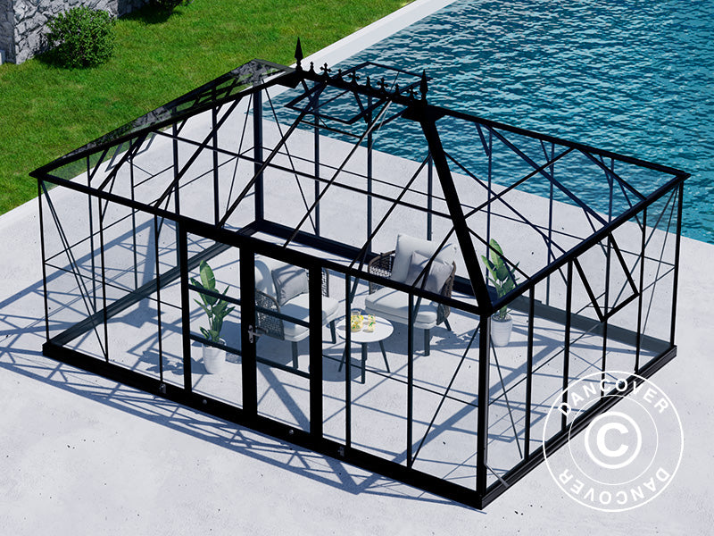 Orangery, greenhouse Glass 19 m², 5.14x3.71x3.15 m w/Base and cresting, Black