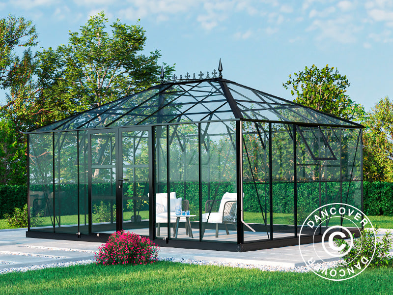 Orangery, greenhouse Glass 19 m², 5.14x3.71x3.15 m w/Base and cresting, Black