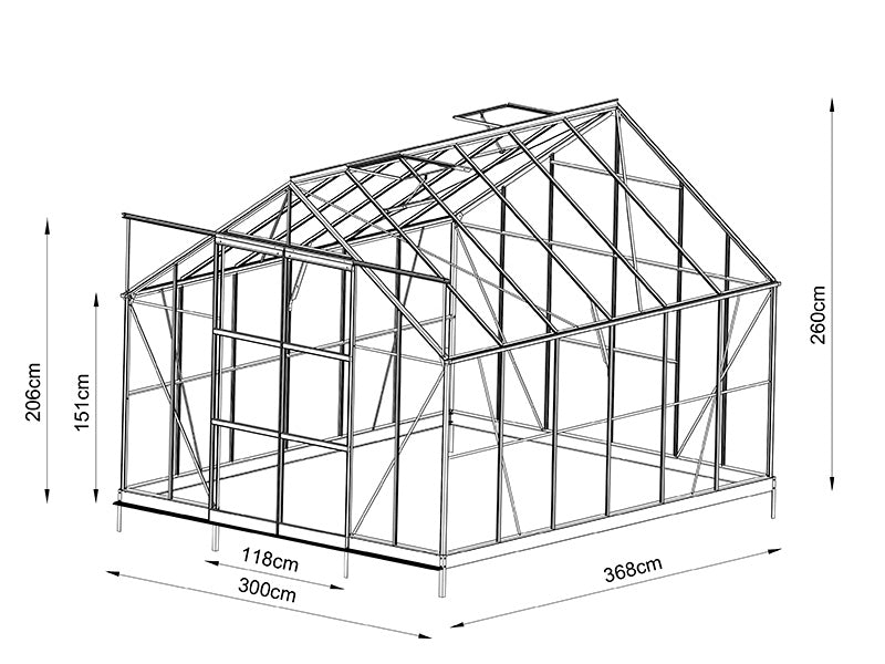 Greenhouse glass 3x3.68x2.6 m w/base and cresting, 11.04 m², Black
