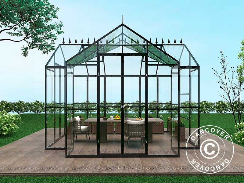 Orangery glass 10.37 m², 3.7x3.04x2.8 m w/base and cresting, Black