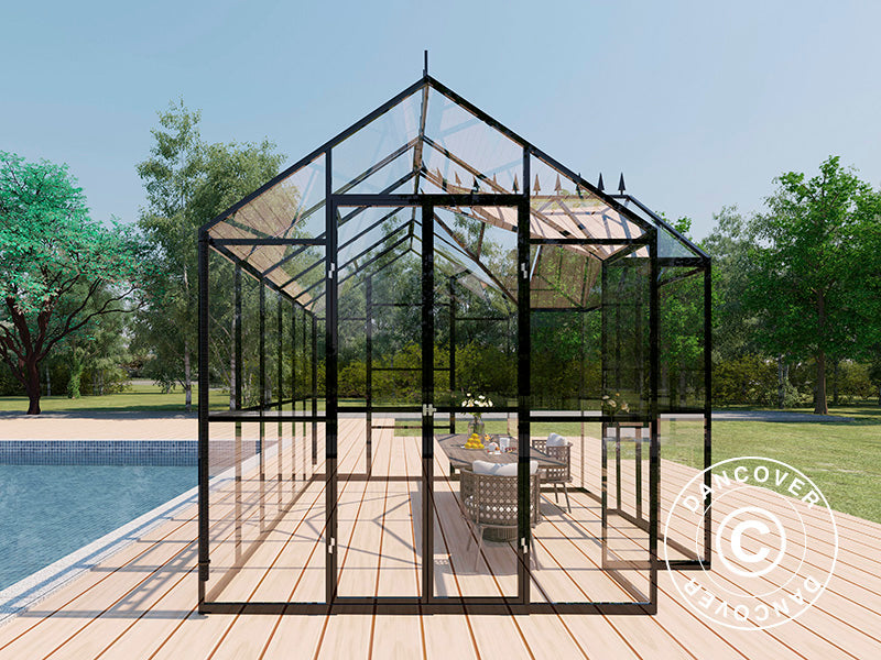 Orangery glass 10.37 m², 3.7x3.04x2.8 m w/base and cresting, Black