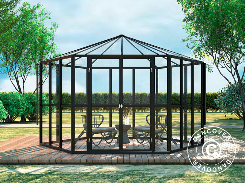 Orangery Hexagonal glass 8.42 m², 3.12x3.6x2.42 m, Black