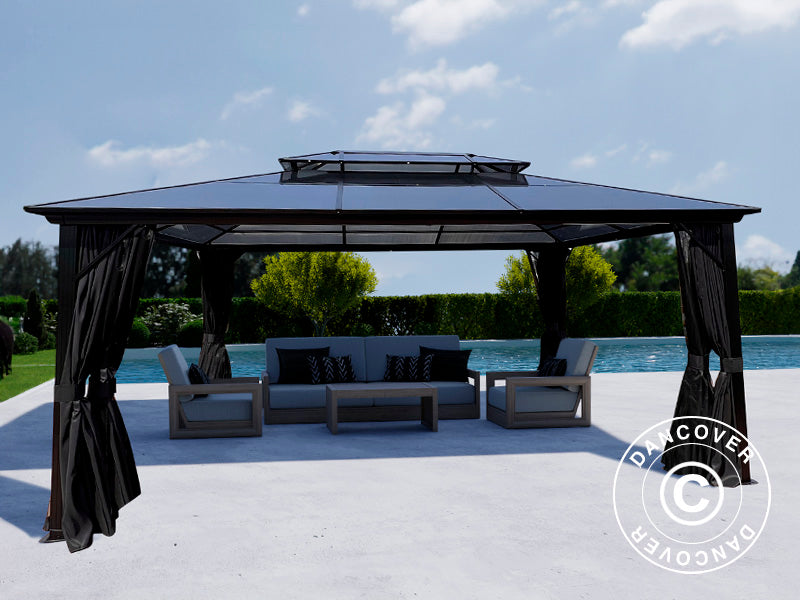 Gazebo Santa Ana Alu+ w/curtains and mosquito net, 3.65x4.85 m, Black