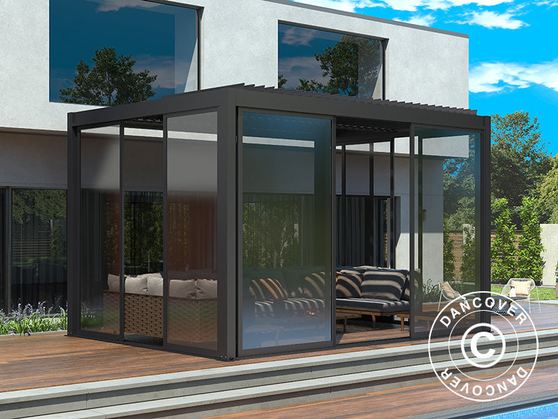 Bioclimatic pergola gazebo San Pablo Alu+ w/sliding doors, 4x4 m, Black