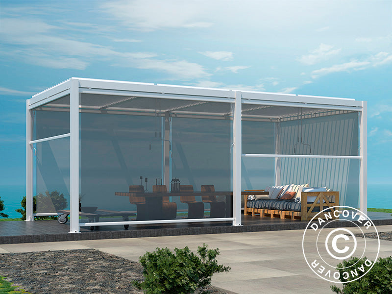 Bioclimatic pergola gazebo San Pablo Alu+, 3x5.8 m w/6 sidewall screens, White