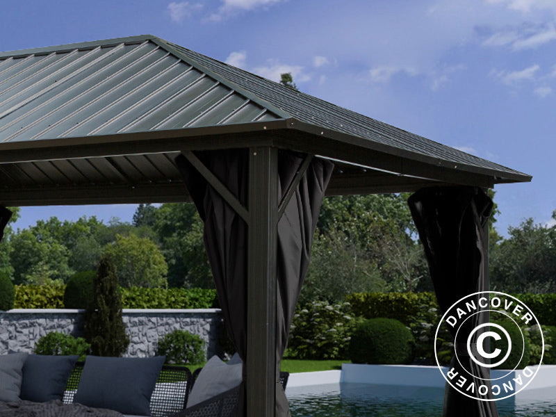 Gazebo San Bernardino w/curtains and mosquito net, 3.65x4.85 m, Black