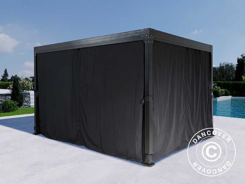 Bioclimatic pergola gazebo Monterey, 3x4 m, w/curtains and mosquito net, Black