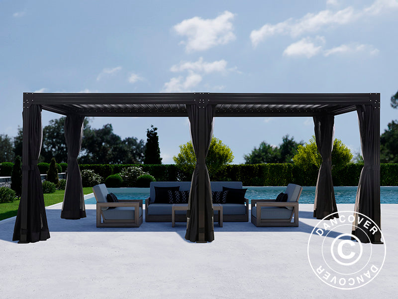 Bioclimatic pergola gazebo Monterey, 3x6 m, w/curtains and mosquito net, Black