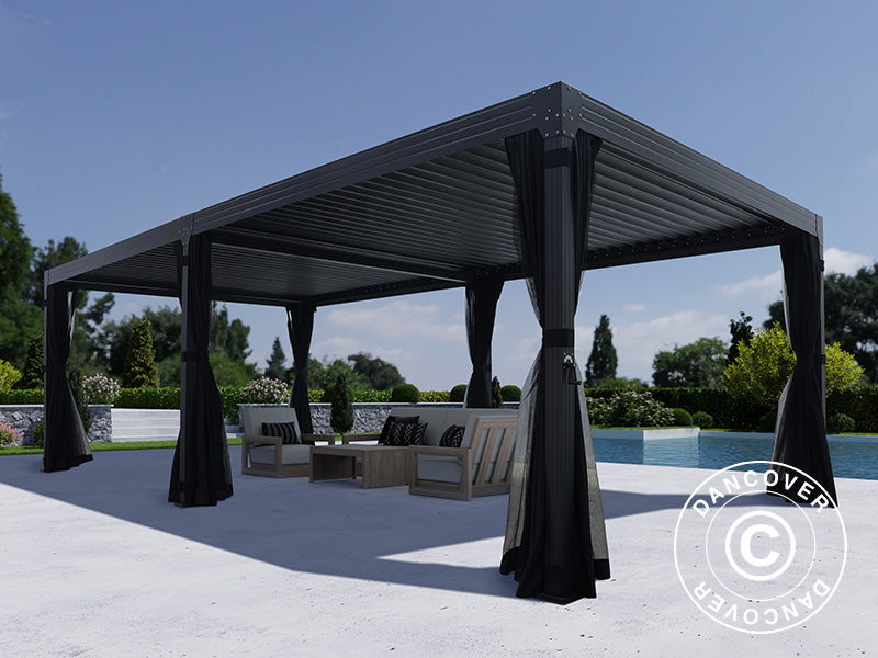 Bioclimatic pergola gazebo Monterey, 4x8 m, w/curtains and mosquito net, Black