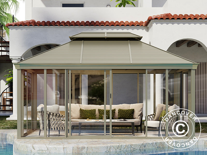 Gazebo San Bruno w/polycarbonate sidewalls, 3.6x5 m, Brass