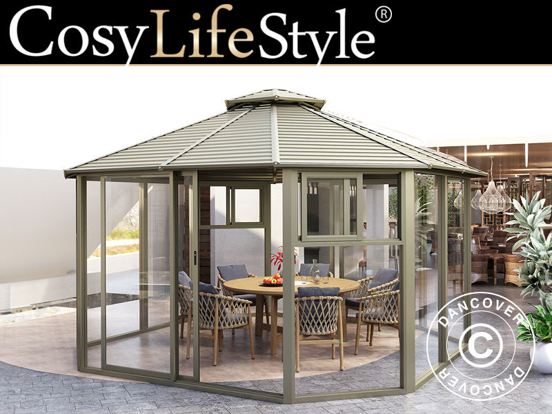 Gazebo San Bruno w/polycarbonate sidewalls, octagonal 4.35x4.35 m, Brass