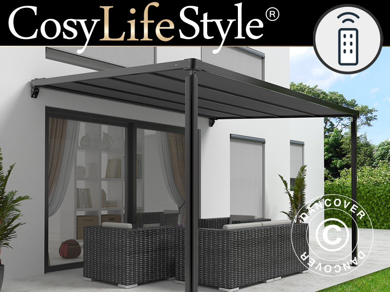 Patio Cover, wall-mounted pergola Santa Ynez, 4x3 m, Black/Dark Grey