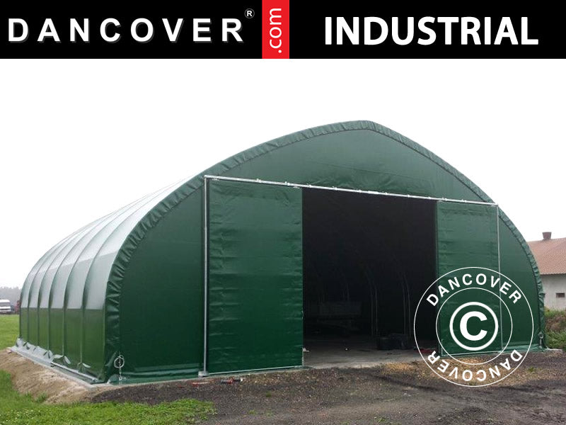 Storage shelter, arched tent 15x15x7.42 m w/sliding gate, PVC, Green