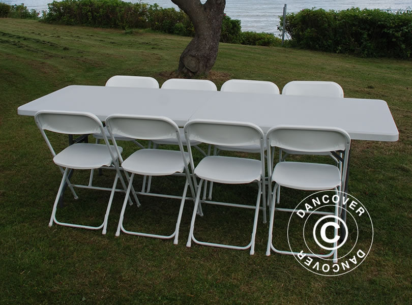Party package, 1 folding table (240 cm) + 8 chairs, Light grey/White