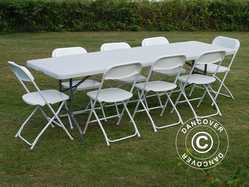 Party package, 1 folding table (240 cm) + 8 chairs, Light grey/White