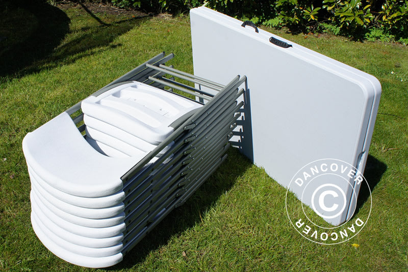 Party package, 1 folding table (240 cm) + 8 chairs, Light grey/White