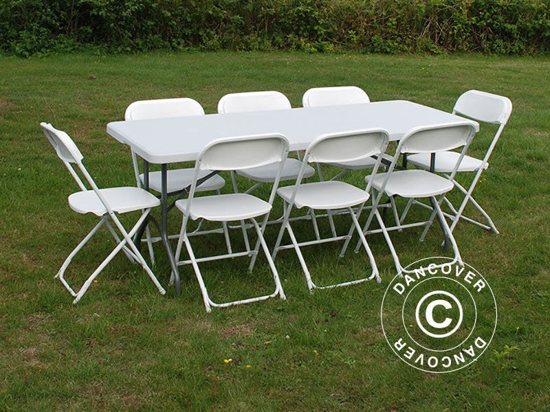 Party package, 1 folding table (180 cm) + 8 chairs, Light grey/White