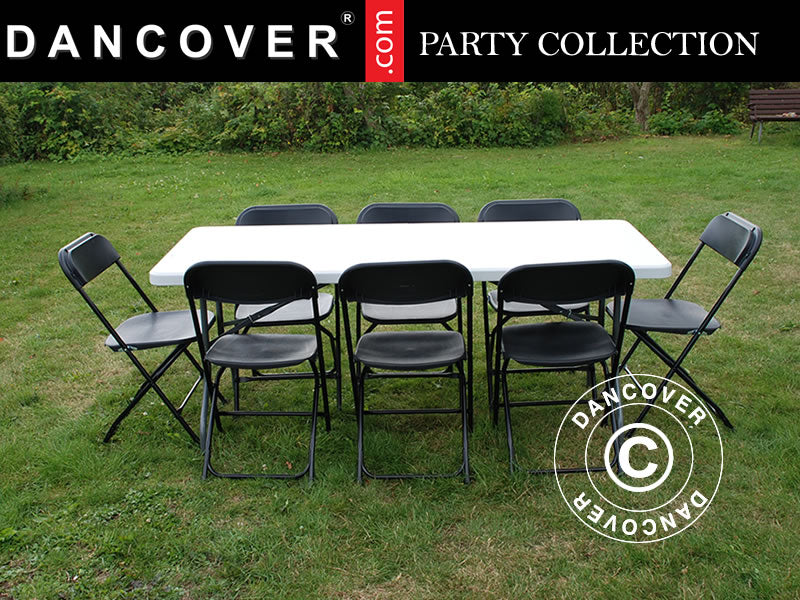 Party package, 1 folding table (180 cm) + 8 chairs, Light grey/Black