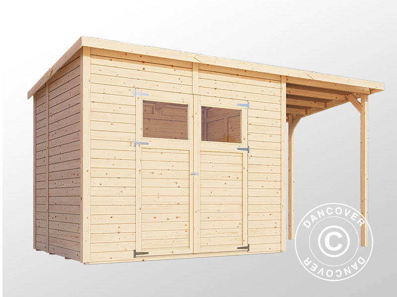 Wooden Shed w/overhang, Bertilo Amrum 3 Plus, 3.86x1.8x2.1 m, 2.78 m² + 4.16 m²