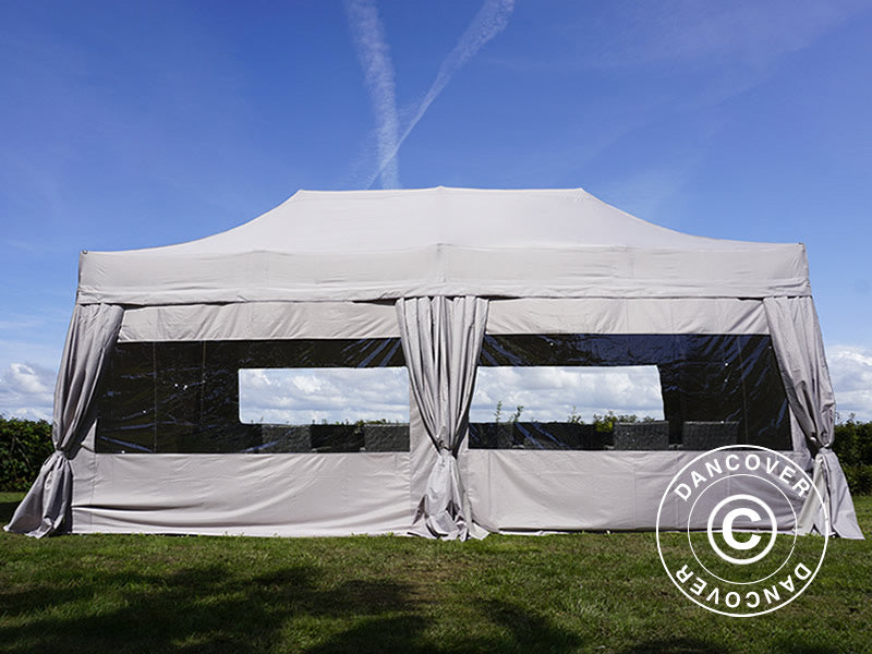 Pop up gazebo FleXtents PRO 3x6 m Latte, incl. 6 sidewalls & decorative curtains