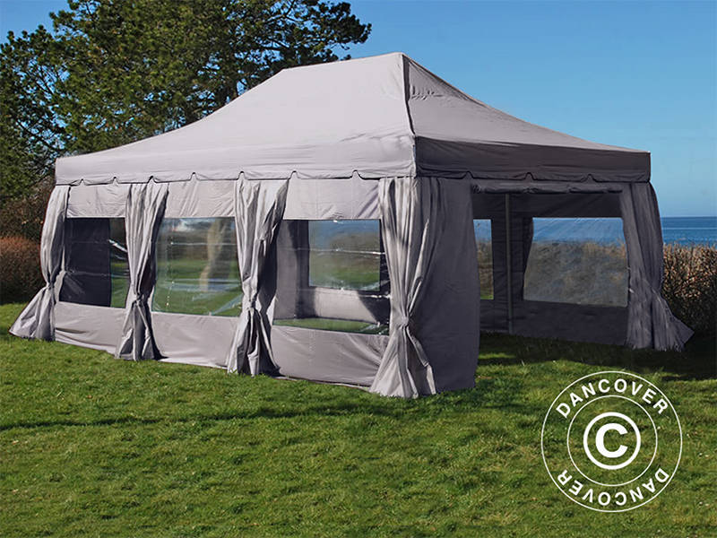 Pop up gazebo FleXtents PRO "Peaked" 4x6 m Latte, incl. 8 sidewalls & decorative curtains