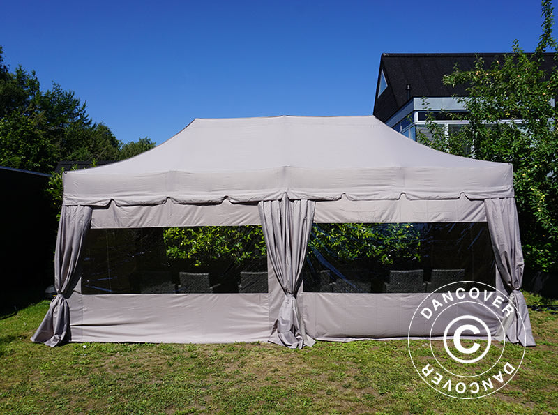 Pop up gazebo FleXtents PRO "Peaked" 4x8 m Latte, incl. 6 sidewalls and 6 decorative curtains