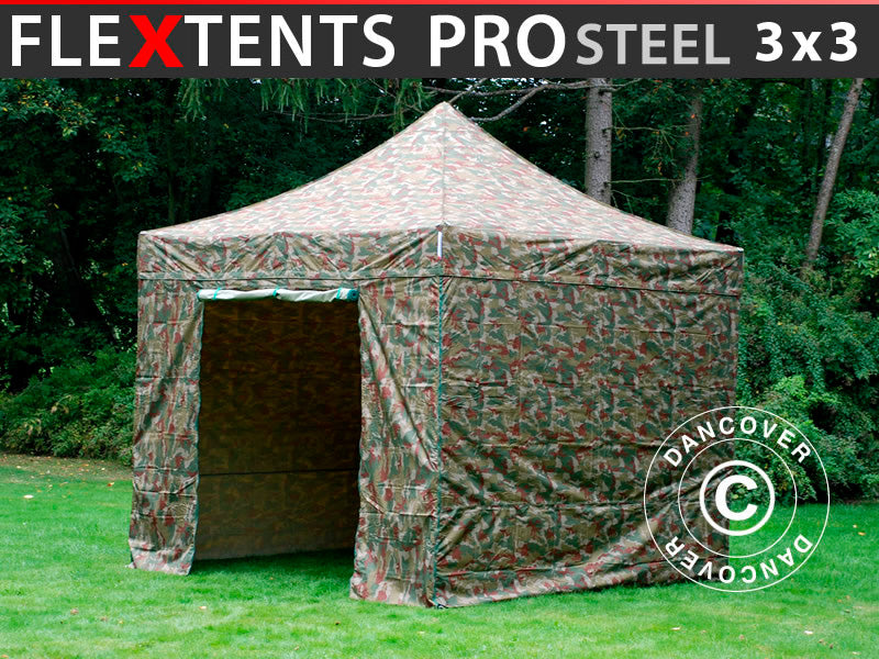 Pop up gazebo FleXtents PRO Steel 3x3 m Camouflage/Military, incl. 4 sidewalls