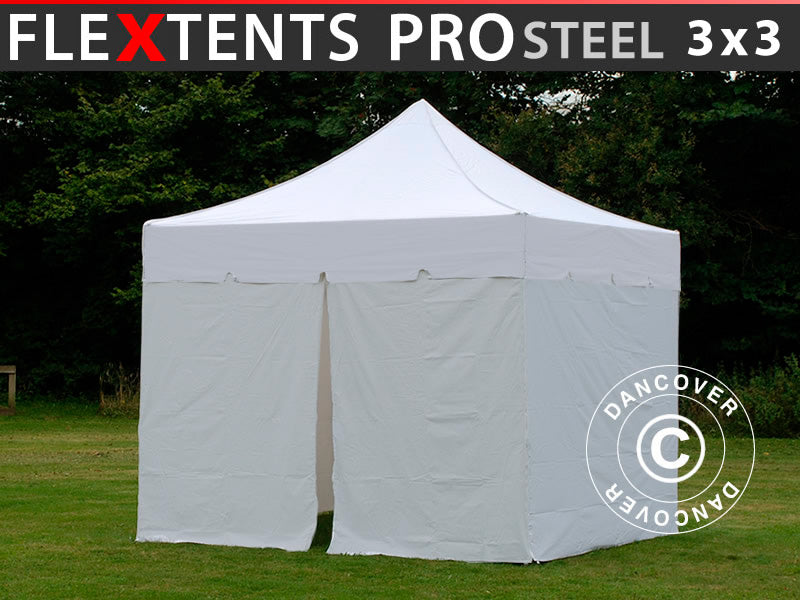 Pop up gazebo FleXtents PRO Steel "Peaked" 3x3 m White, incl. 4 sidewalls