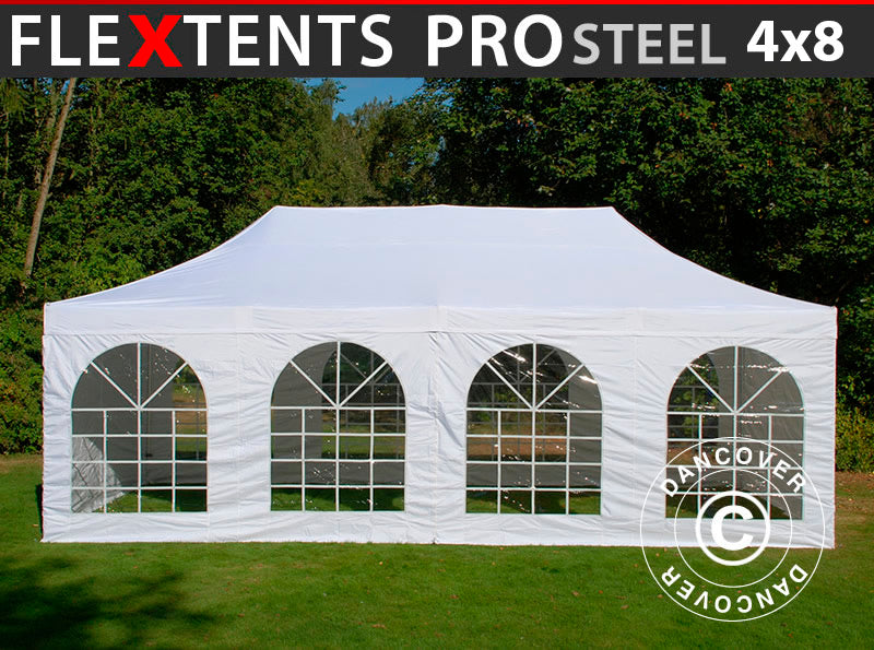 Pop up gazebo FleXtents PRO Steel Vintage Style 4x8 m White, incl. 6 sidewalls