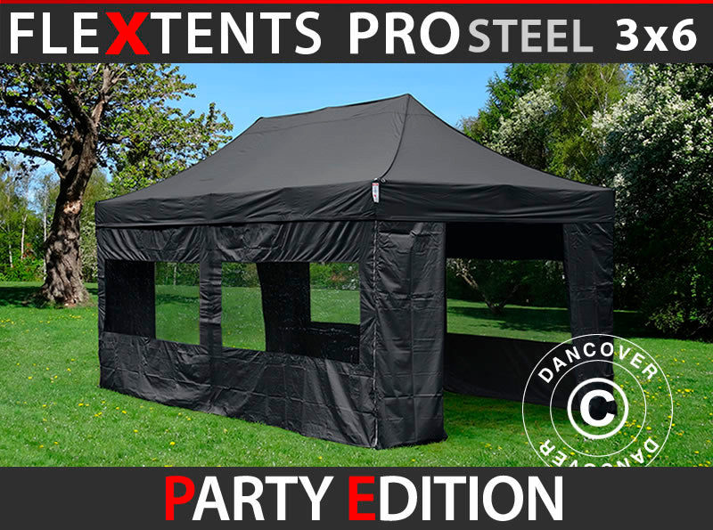 Pop up gazebo FleXtents PRO Steel 3x6 m Black, incl. 6 sidewalls