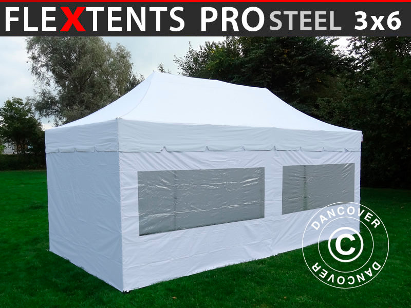 Pop up gazebo FleXtents PRO Steel "Peaked" 3x6 m White, incl. 6 sidewalls